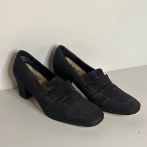 Mootsie Tootsie - black, low heeled loafers. Black twill.